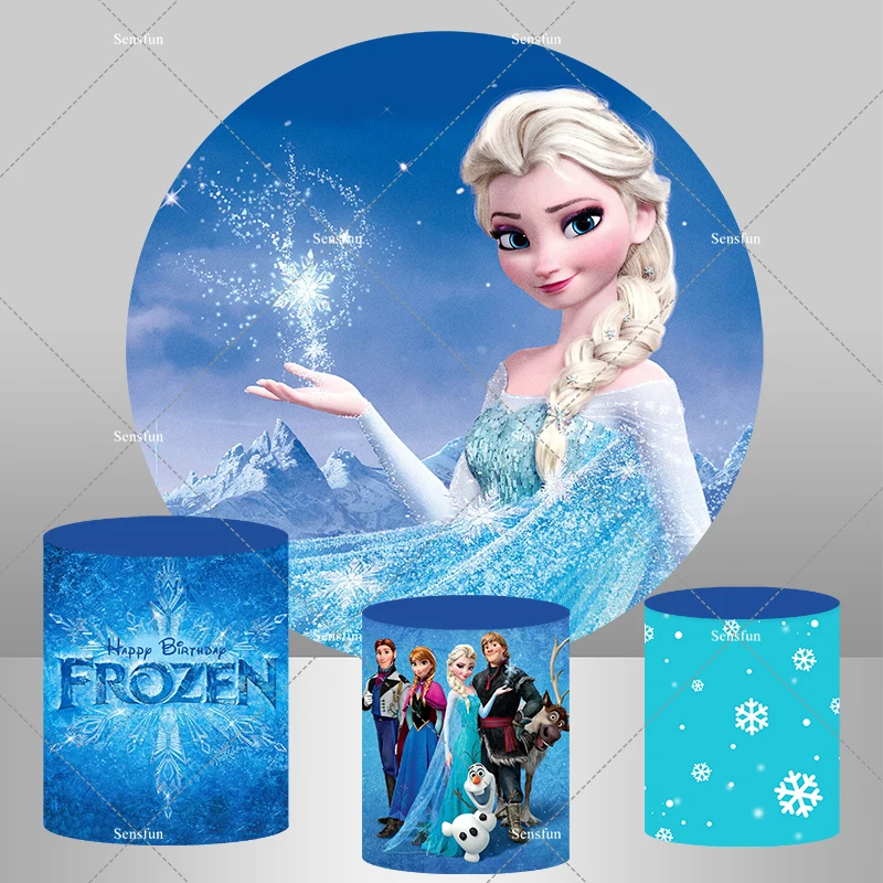 

Frozen Theme Round Backdrop Disney Princess Elsa Anna Girls Birthday Party Photography Background Ice Winter Plinth Covers