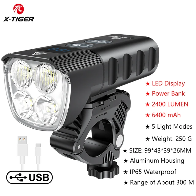 X-TIGER Waterproof MTB Bike Light Aluminum Alloy Road Cycling USB Rechargeable Headlight 2400 Lumens Bicycle Light Accessories