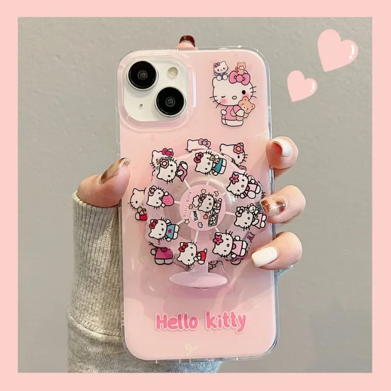 

IPhone15 New Sanrio Kawaii Hellokitty Rotating Bracket Phone Case Anime Cartoon Anti Collision Accessories Girl Birthday Gift