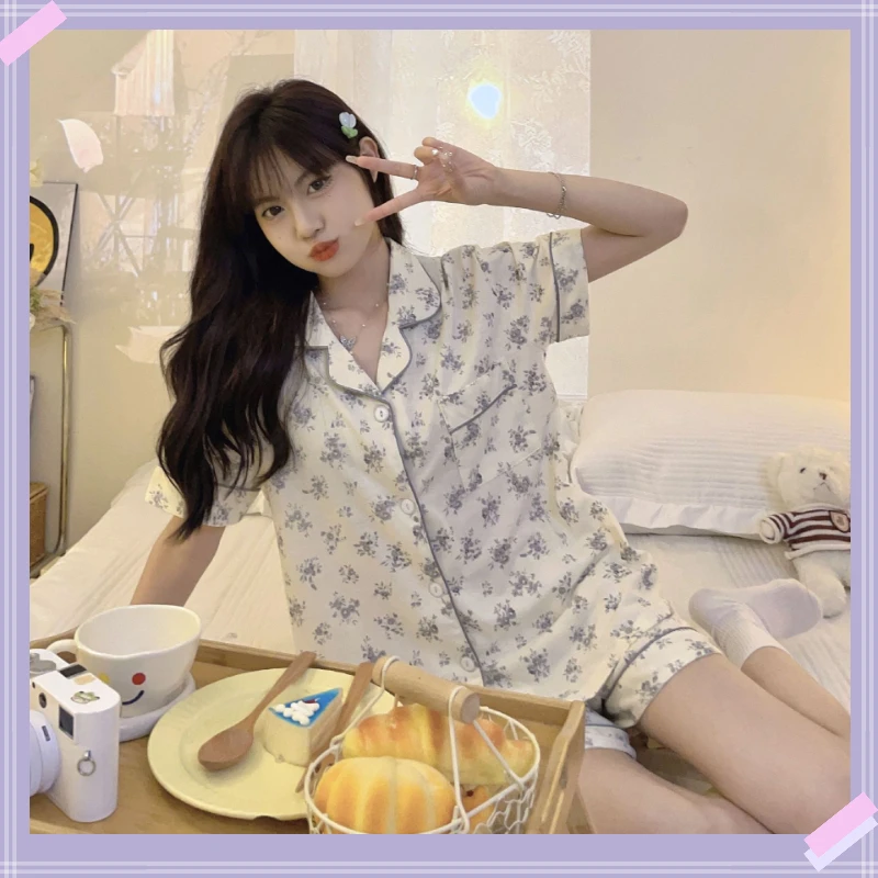Pajamas for Women's Summer Cotton Short-sleeved Sleepwear Suit Thin Section Cool Feeling Elegant Fairy Style Lapel Loungewear