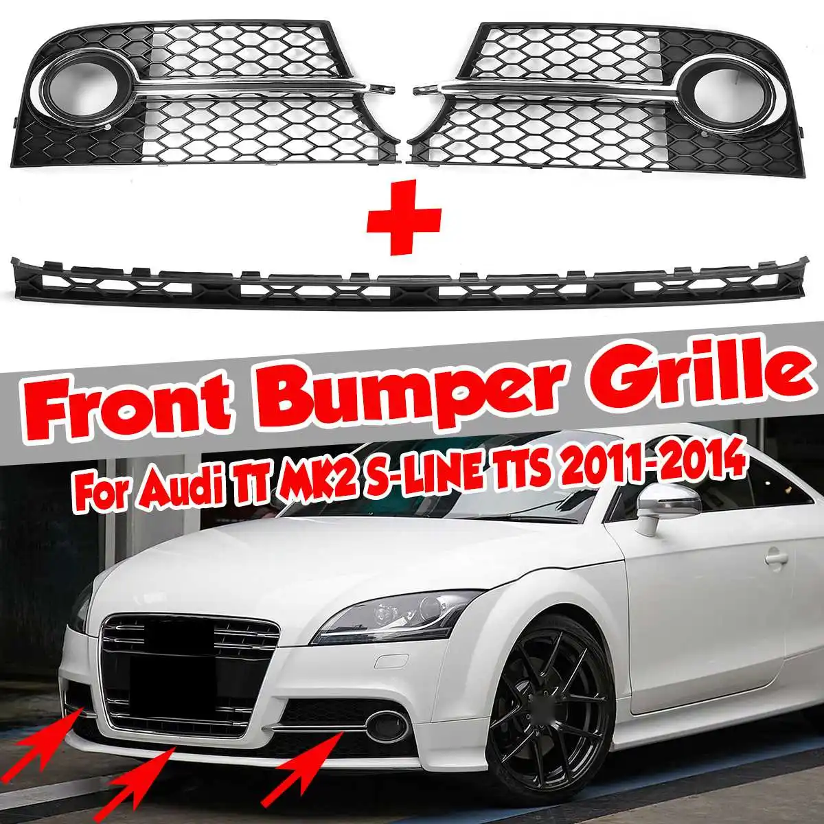 

ABS Grill HONEYCOMB HEX Car Front Fog Light Grille Grill + Lower Center Grille For Audi TT MK2 S-LINE TTS 2011 2012 2013 2014