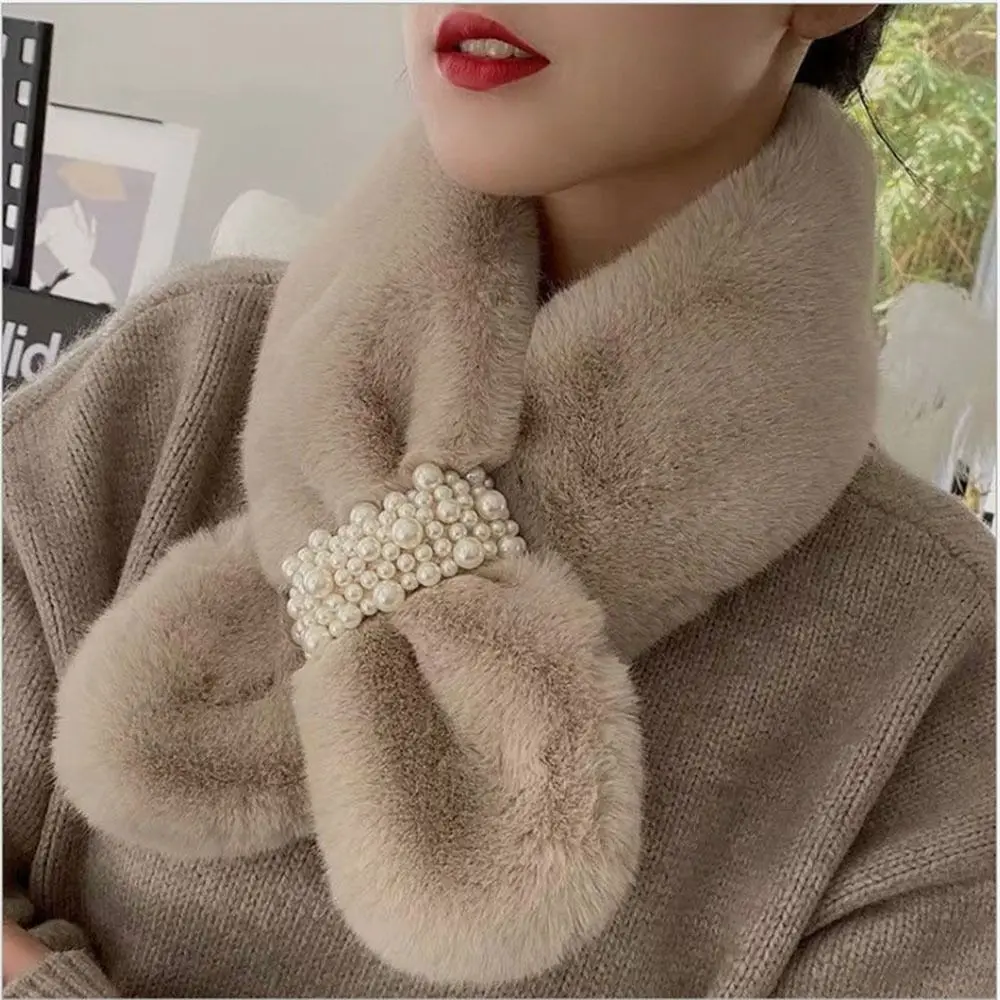 

Women Winter Warm Thicken Elegant Pearl Cross Collar Scarf Solid Color Faux Rabbit Fur Plush Elegant Shawl Scarfs 2023 Outdoor