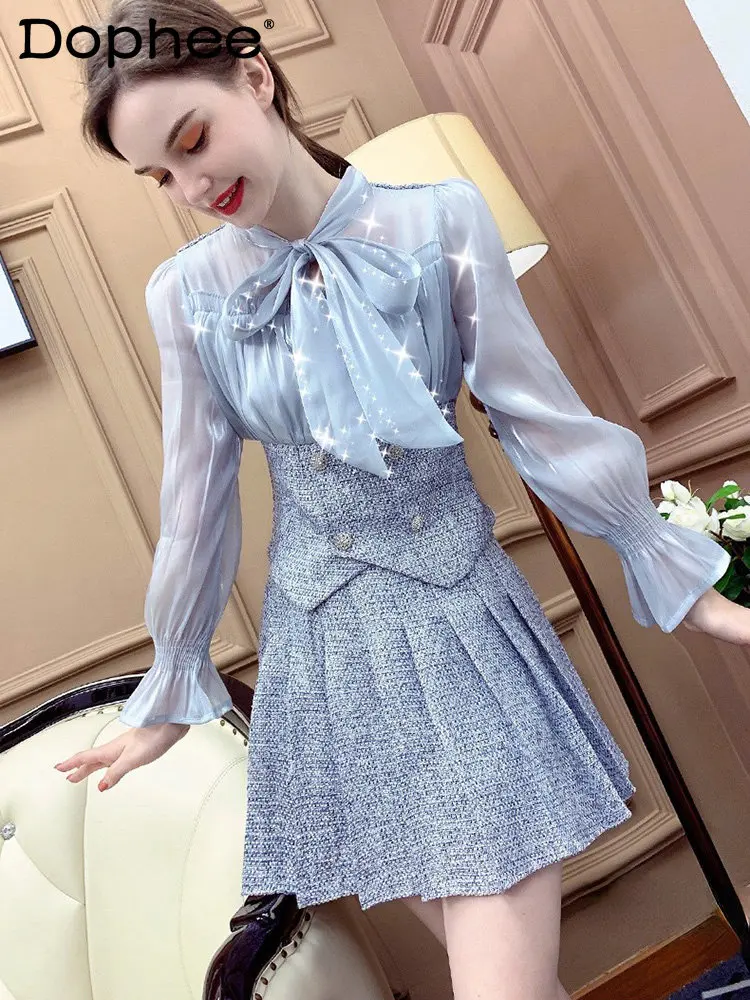 

Костюм из серой шерстяной юбки в классическом стиле, комплект из двух предметов, женская новая рубашка с длинным рукавом и бантом на шнуровк...