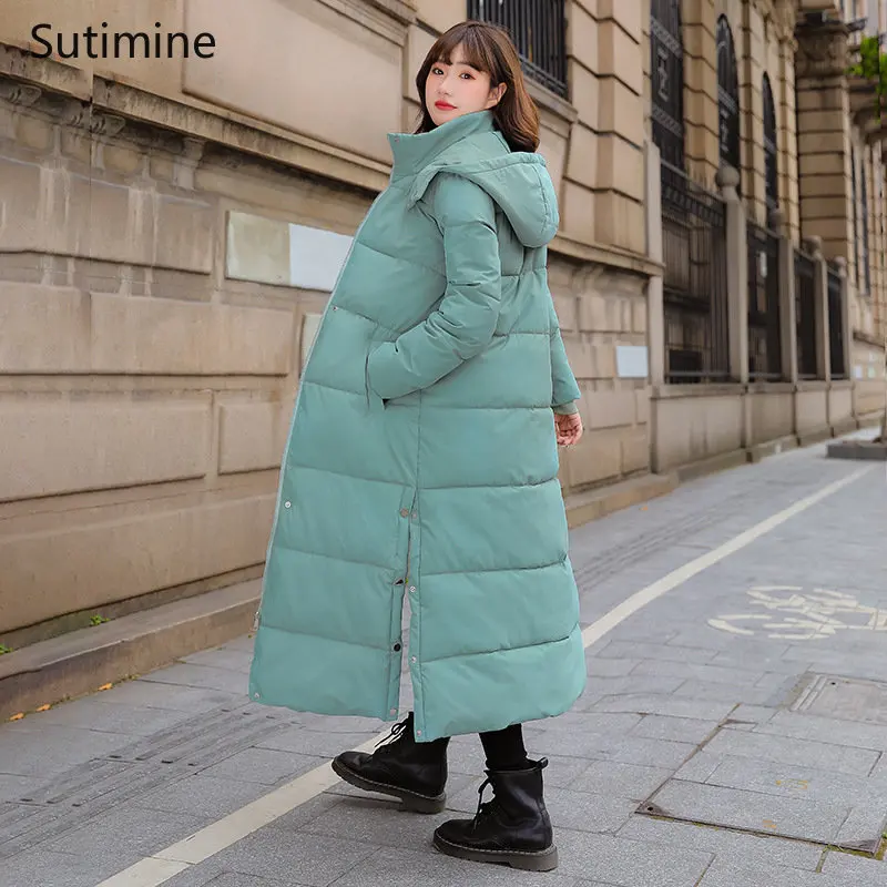 Down Cotton Jacket Women Knee Length Korean Version Slim Cotton Jacket Coat Office Lady Winter Coat for Women Hooded Down Coats