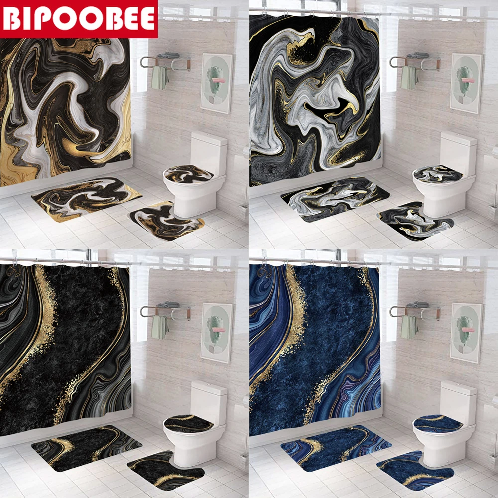 

Texture Luxury Marble Shower Curtain Black Stone Grain Bathroom Curtains Pedestal Rugs Toilet Cover and Bath Mat Non-Slip Carpet