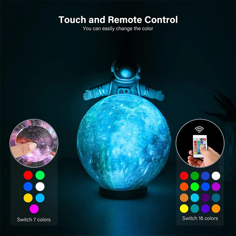 

3D Print Moon Lamp Colorful Change USB Rechargeable Moon Light Touch Switch LED Night Light Bedroom Decoration Birthday Gift