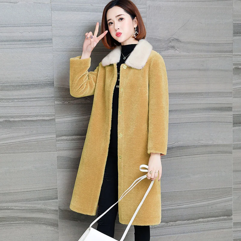

Real Double-faced Fashion Wool Jacket Mink Fur Collar Winter Women Clothes Korean Elegant Slim Long Coats