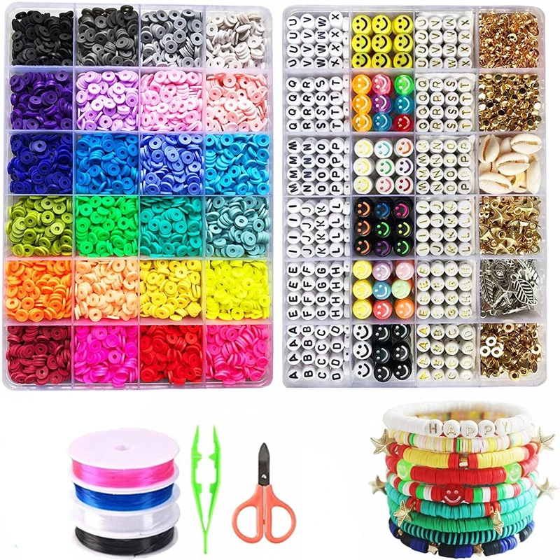 

Clay Beads for Jewelry Making Kit 6mm 24 Colors Flat Polymer Heishi Beads DIY Craft with Smiley Face Letter Bead Jump Rings