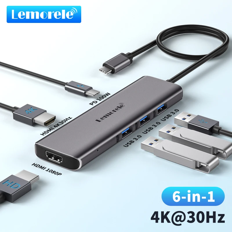 

Lemorele USB Hub USB-C to Dual HDMI Docking Station 4k@30Hz 6 Ports USB3.0 Hub MST Type C Docking Station for Windows / MacOS