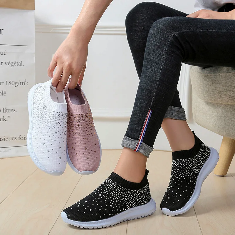 

Plus Size Women Vulcanized Shoes Knitted Crystal Sneakers Slip on Sock Flats Casual Walking Shoes Women Loafers Zapatillas Mujer