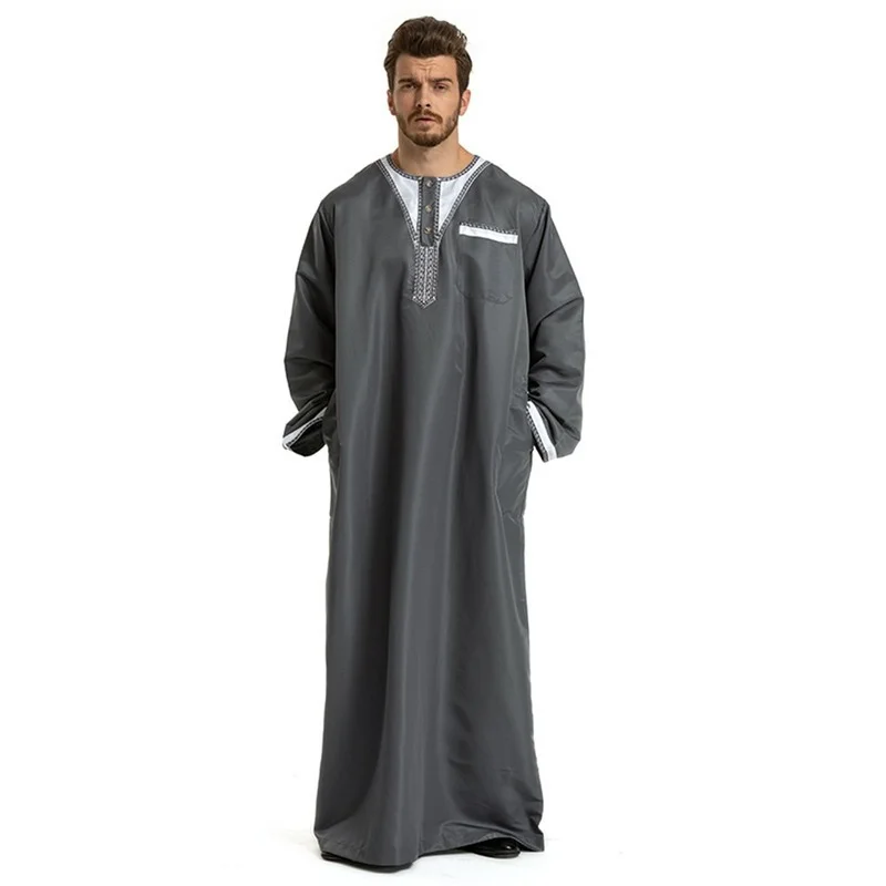 Men's Muslim Robe Daily Casual Commuter Middle East Arabian Round Neck Stitching Long Sleeve Muslim Hui Robe For Men Africa