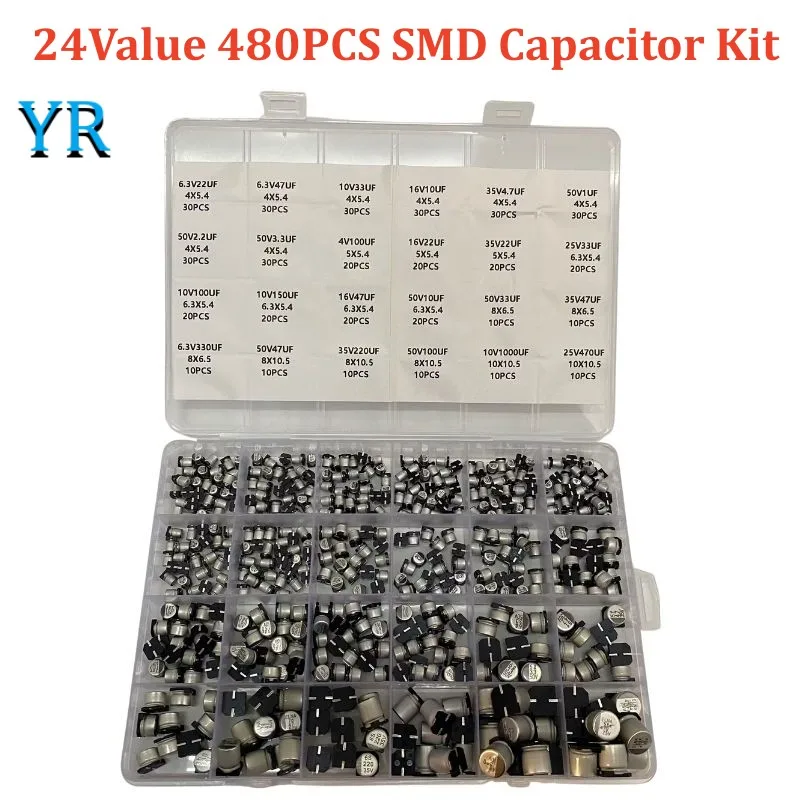 480Pcs 24Value 1/2.2/3.3/4.7/10/22/33/47/100/220/330/470/1000UF 4V-50V SMD Aluminum Electrolytic Capacitors Assortment Kit+ Box