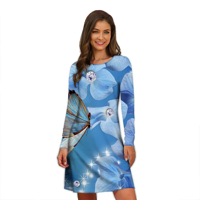 

Женское платье с длинным рукавом, элегантное свободное платье с винтажным принтом бабочки, осень 2022