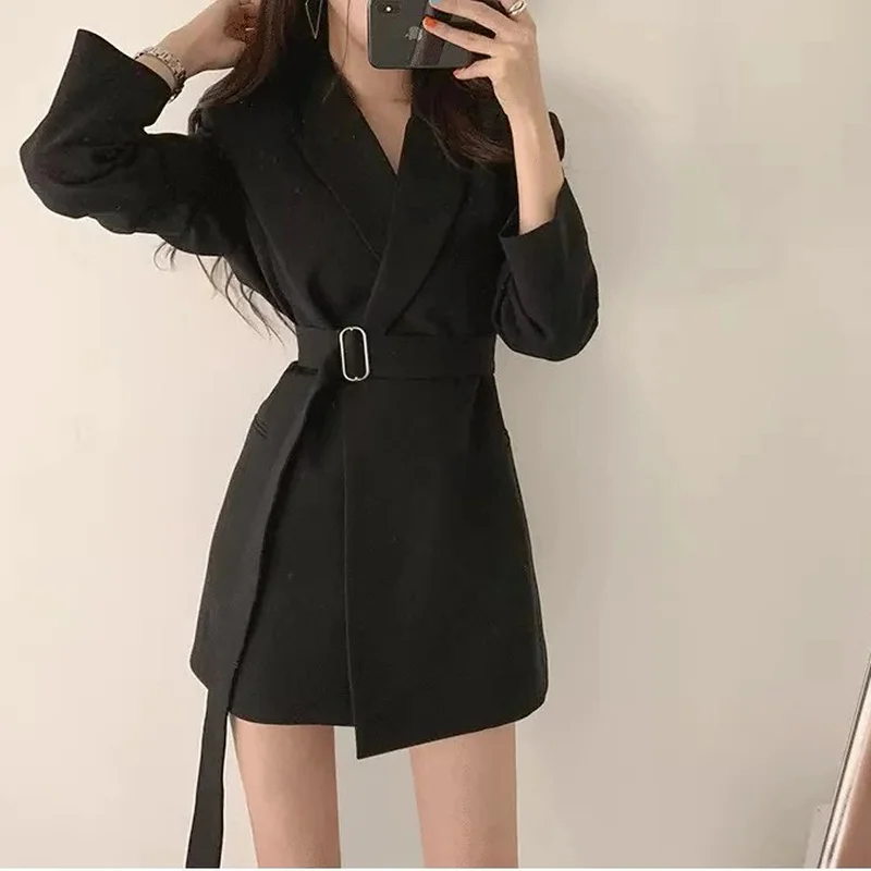 Korean Fashion Elegant Casual Office Blazer Women 2021 Solid Free Sashes Commute Blazer Urbane Lady Work Wear Formal Clothing