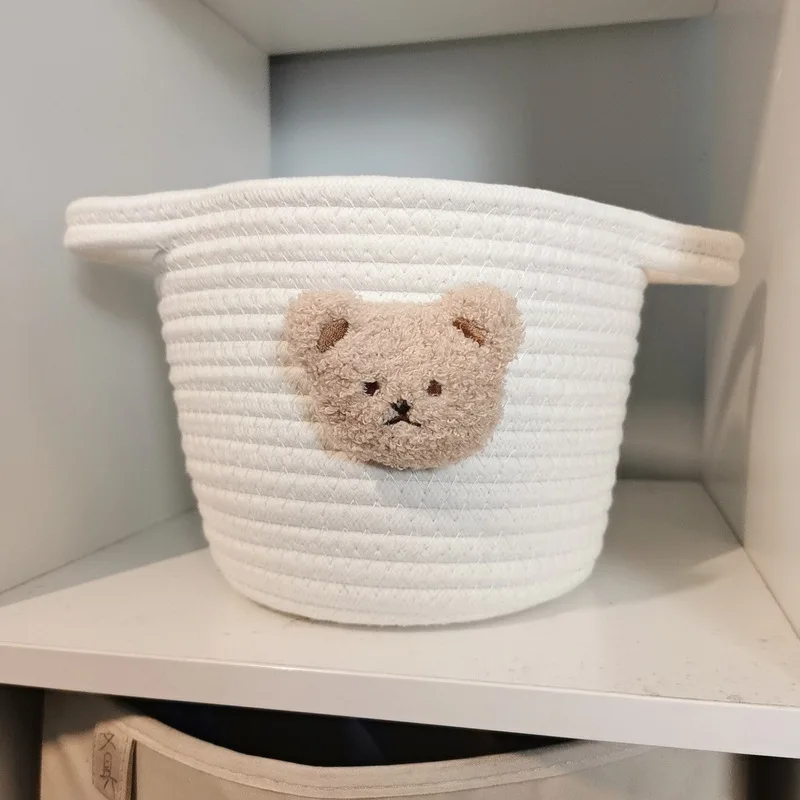 

INS Embroidered Bear Woven Storage Basket Cotton Rope Desktop Sundries Cosmetic Containers Kids Toys Organizer Laundry Baskets