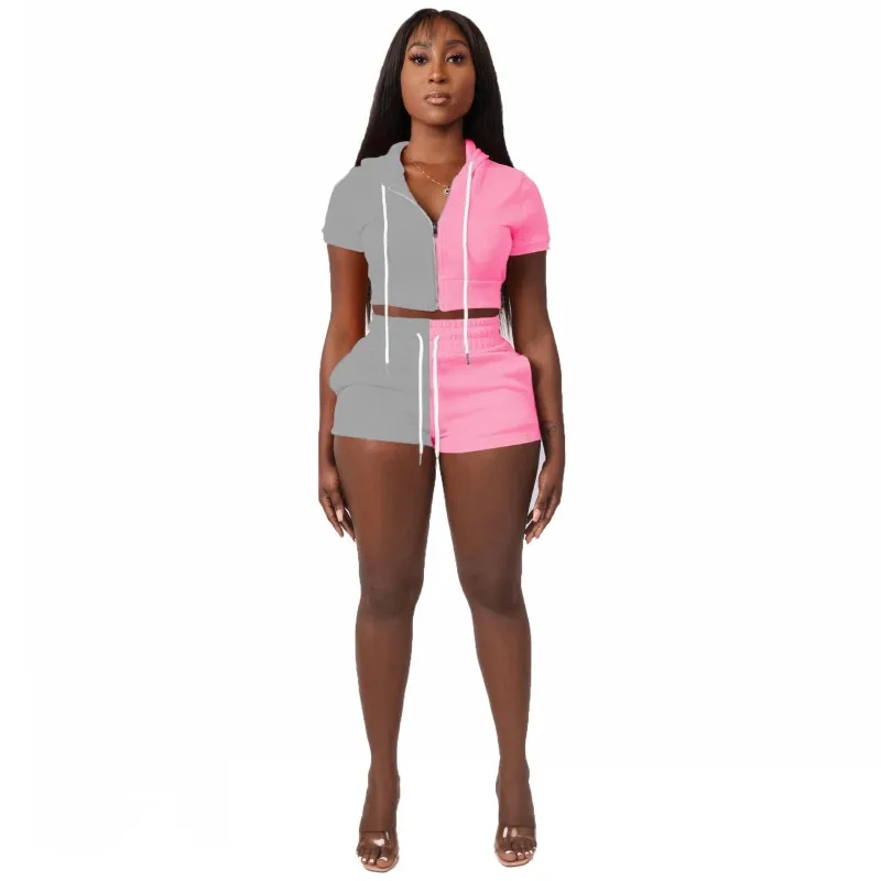 

Two Piece Shorts Sets Women Zipper Hooded Crop Tops Outfits 2022 New Fashion Panelled Casual Sporty Summer Shorts Tracksuit Set