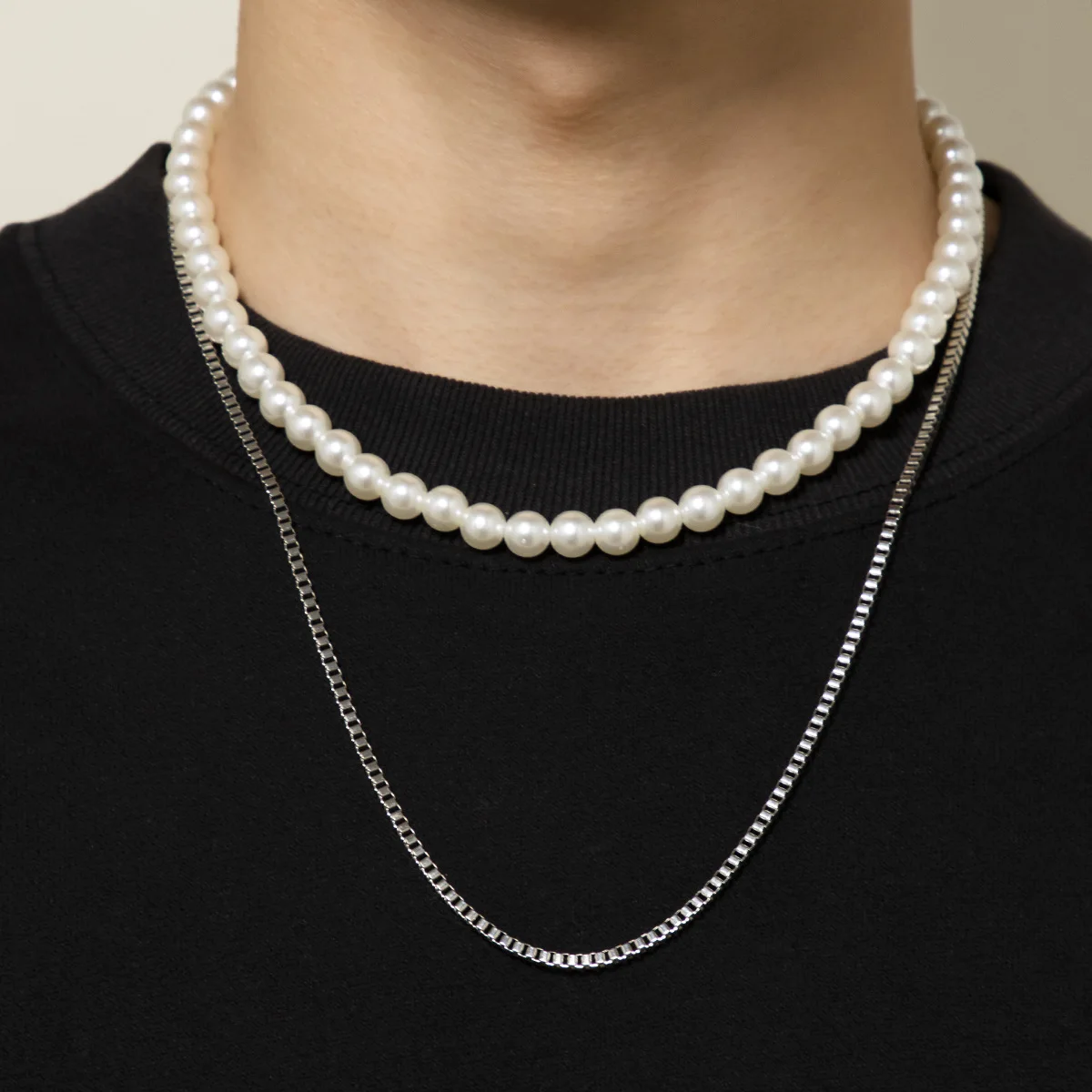 

Fashion Hip Hop Temperament Geometric Box Chain Overlay Pearl Double Layer Necklace Fashion Personality Men's Necklace