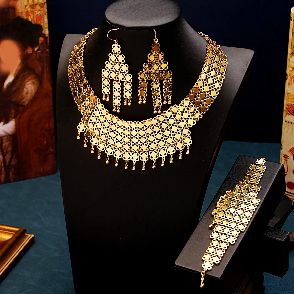 

New Handmade Copper Gold Color Bridal Jewelry Sets Dangle Ball Tassel Trajes De Mujer Conjunto 3 Piezas Elegantes Ethnic Gifts