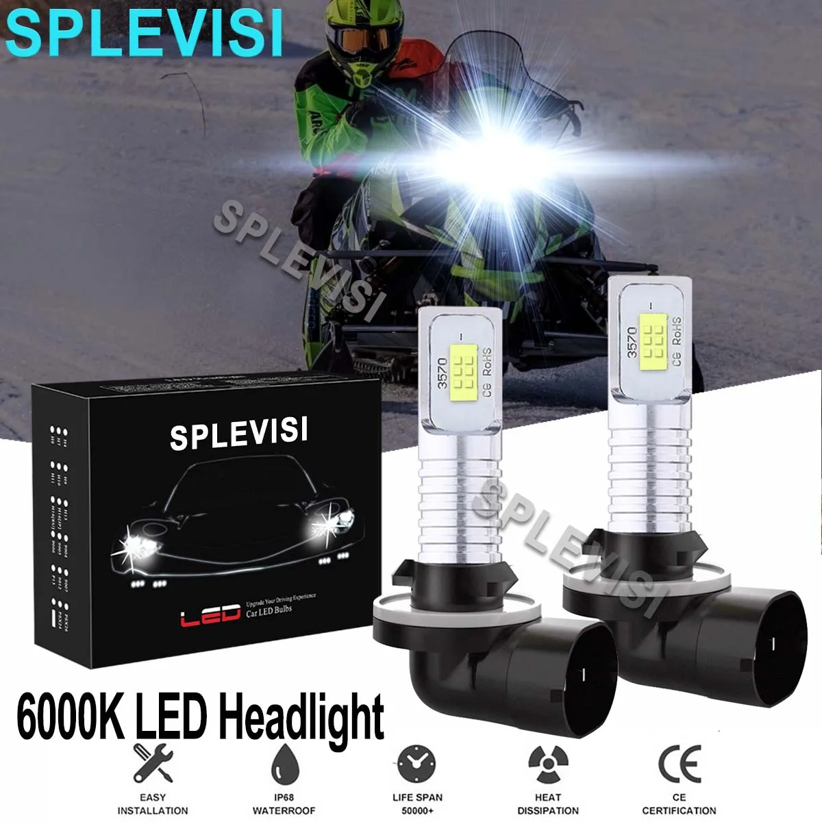 2x 70W 6000K Pure White LED Headlights Bulbs Kit For Arctic Cat Snowmobiles Crossfire 500 600 700 800