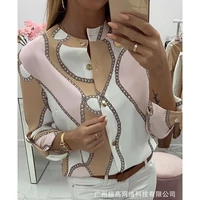 women shirt tops summer chain print straight loose straight shirt women casual long sleeve single breasted round neck shirt top