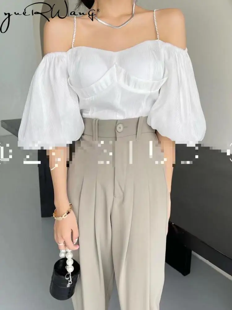 

YUERWANG Women Blouse Slash Neck Puff Sleeve Off Shoulder Suspender Ladies Shirt Fashion All Match Solid Female Tops Spring 2022