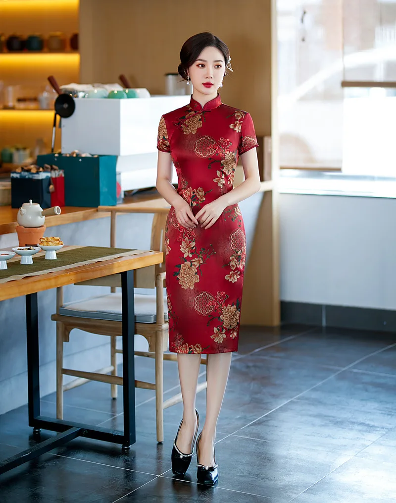 

BALDAUREN Sexy Long Slim Vintage Qipao Summer Lady Red Printing Short Sleeve Cheongsam Party Prom Grace Dress Gown Large Size