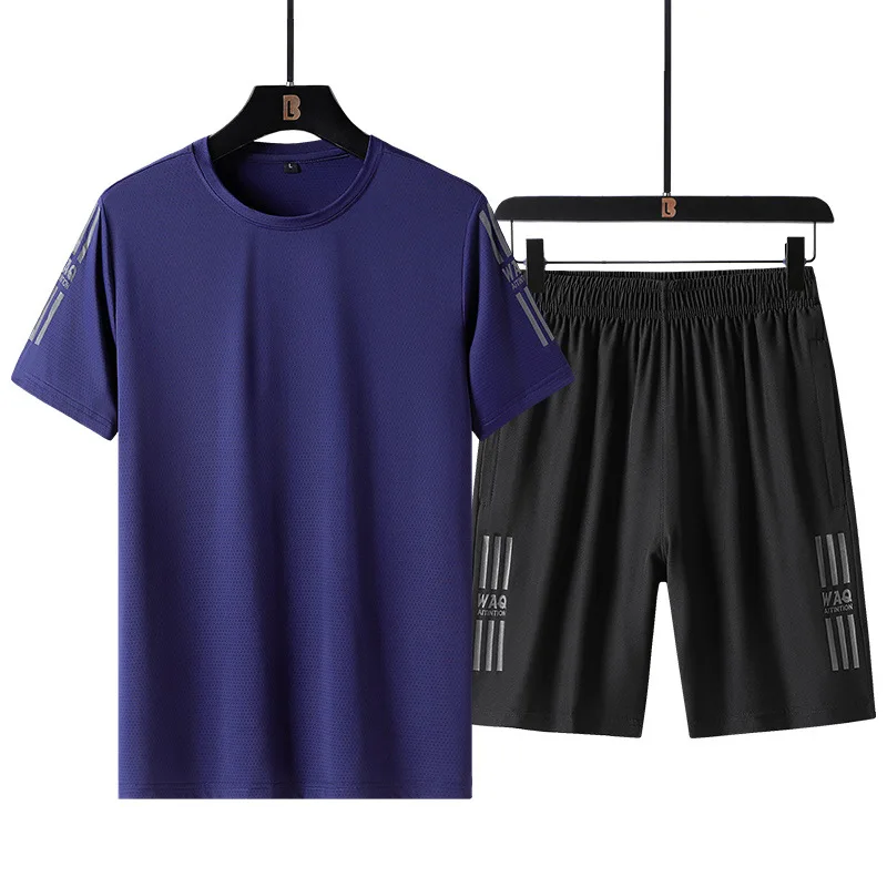 2022 New Summer Men's Ice Silk Sports Set Short Sleeve+Shorts Quick Drying Two Piece Set for Men's Summer Casual Clothing