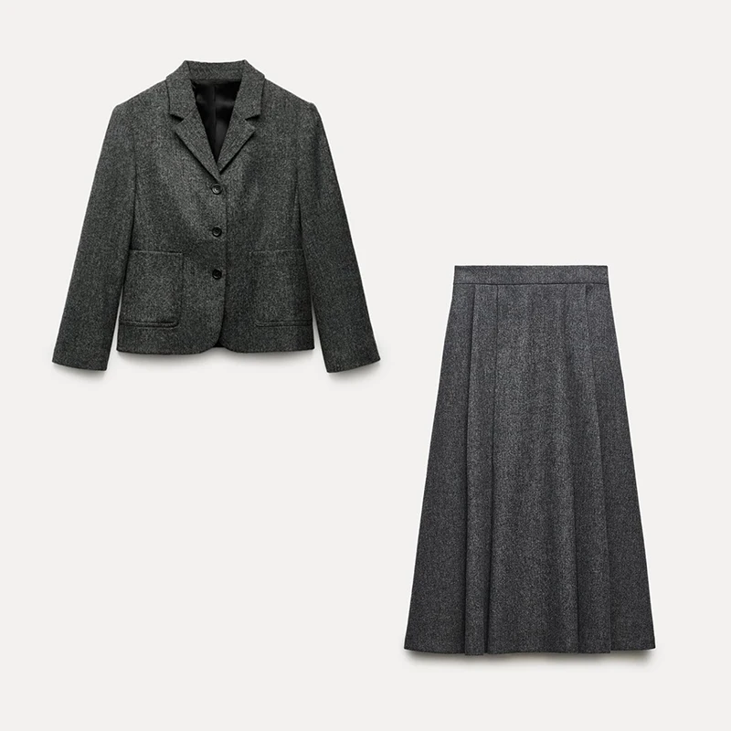 

Spring Autumn Women's Two Piece Set of Wool Blended Slim Fit Suit Coat+Midi High Waist Cape Skirt Workplace Casual Two Piece Set