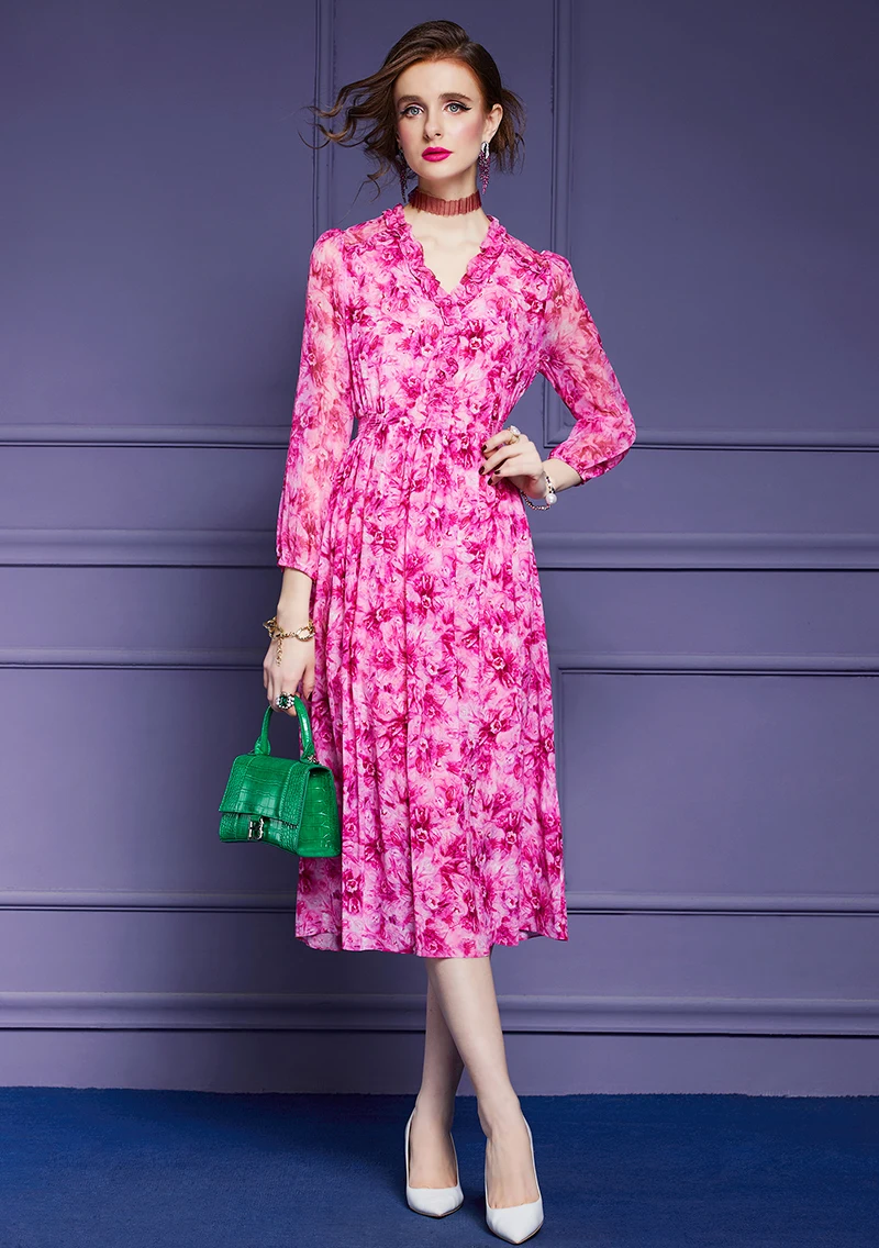 

Женское платье с цветочным принтом, розовое элегантное дизайнерское Повседневное платье средней длины с длинным рукавом, праздничное богемное платье, новинка весны 2023