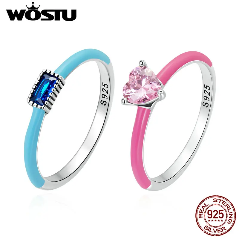 WOSTU 925 Sterling Silver Colorful Candy Rings Pink Heart Blue Rectangle Zircon Stacking Ring For Women S925 Party Jewelry Gift