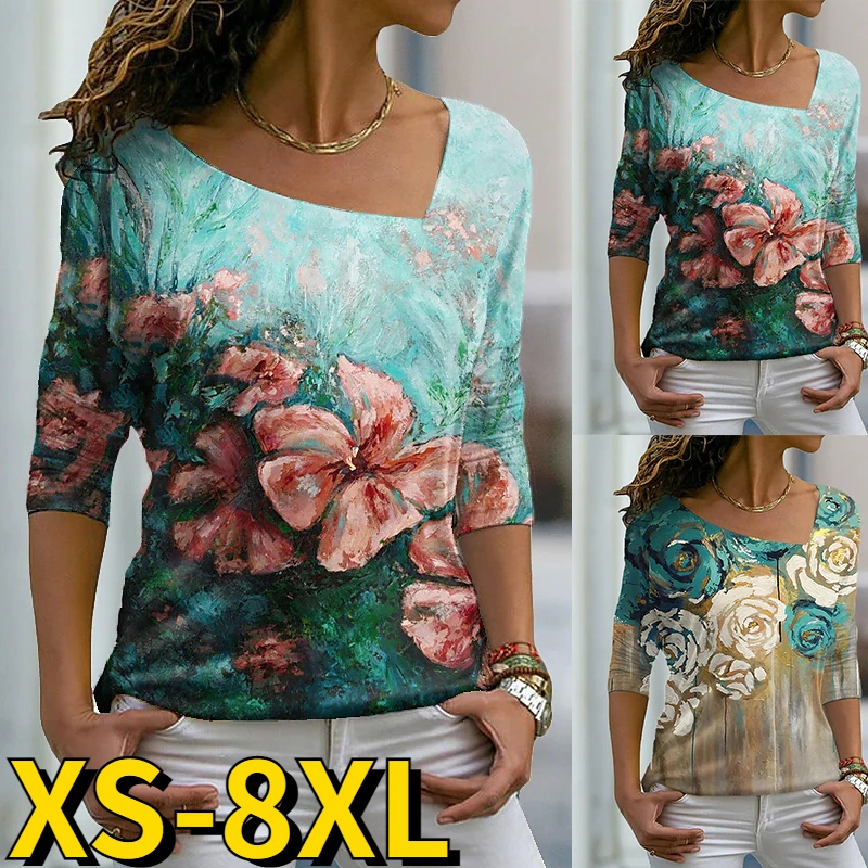 2022 New Autumn Floral Print Tee Shirt Winter Everyday Vintage Elegant Tops Ladies V-Neck Long Sleeve Fashion Casual T-shirt