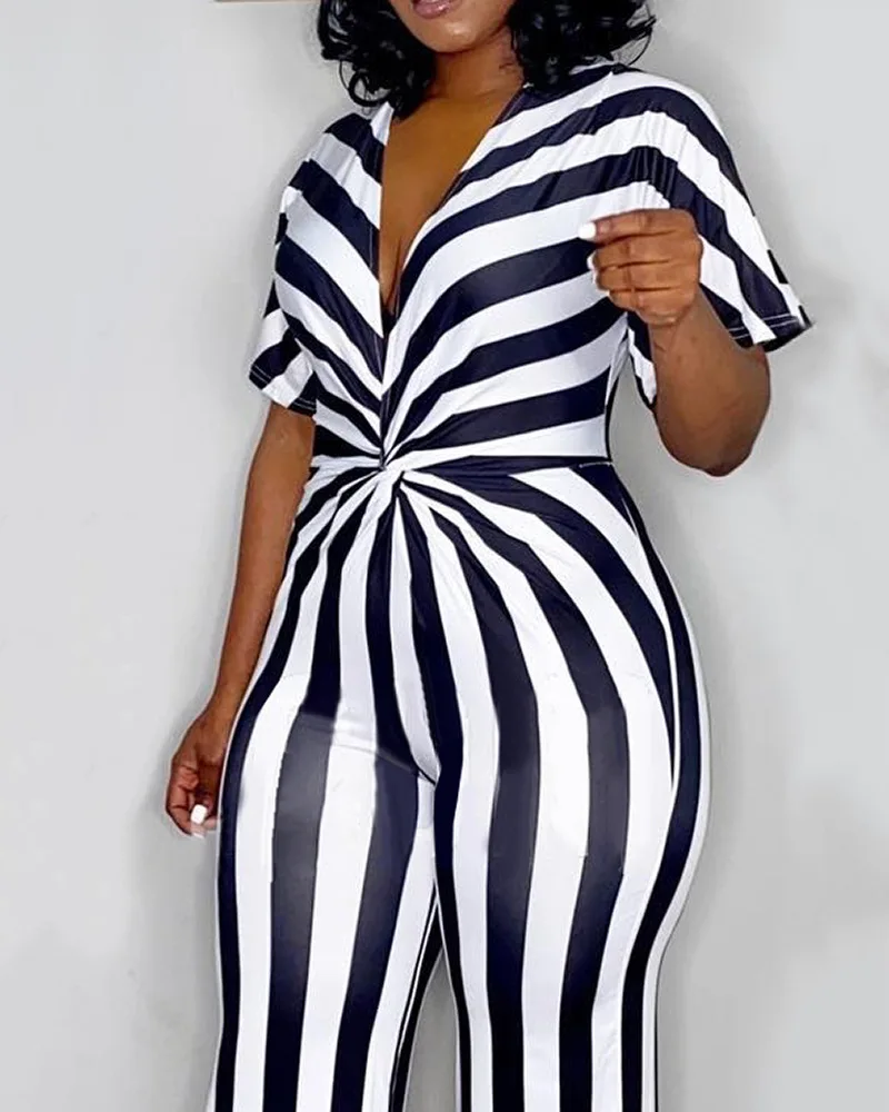 

Plunge Twist Detail Striped Print Jumpsuit Women High Waist Short Sleeve V Neck Summer Spring Long Overall Jumpsuits casul Daily