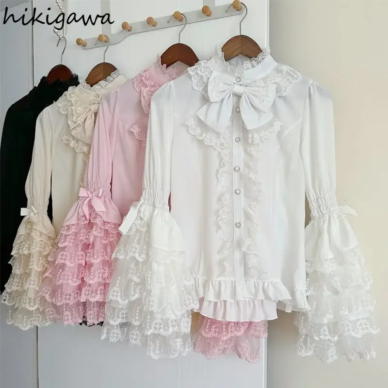 Блузки в стиле Лолиты для женщин милые рубашки с расклешенными рукавами-стойкой