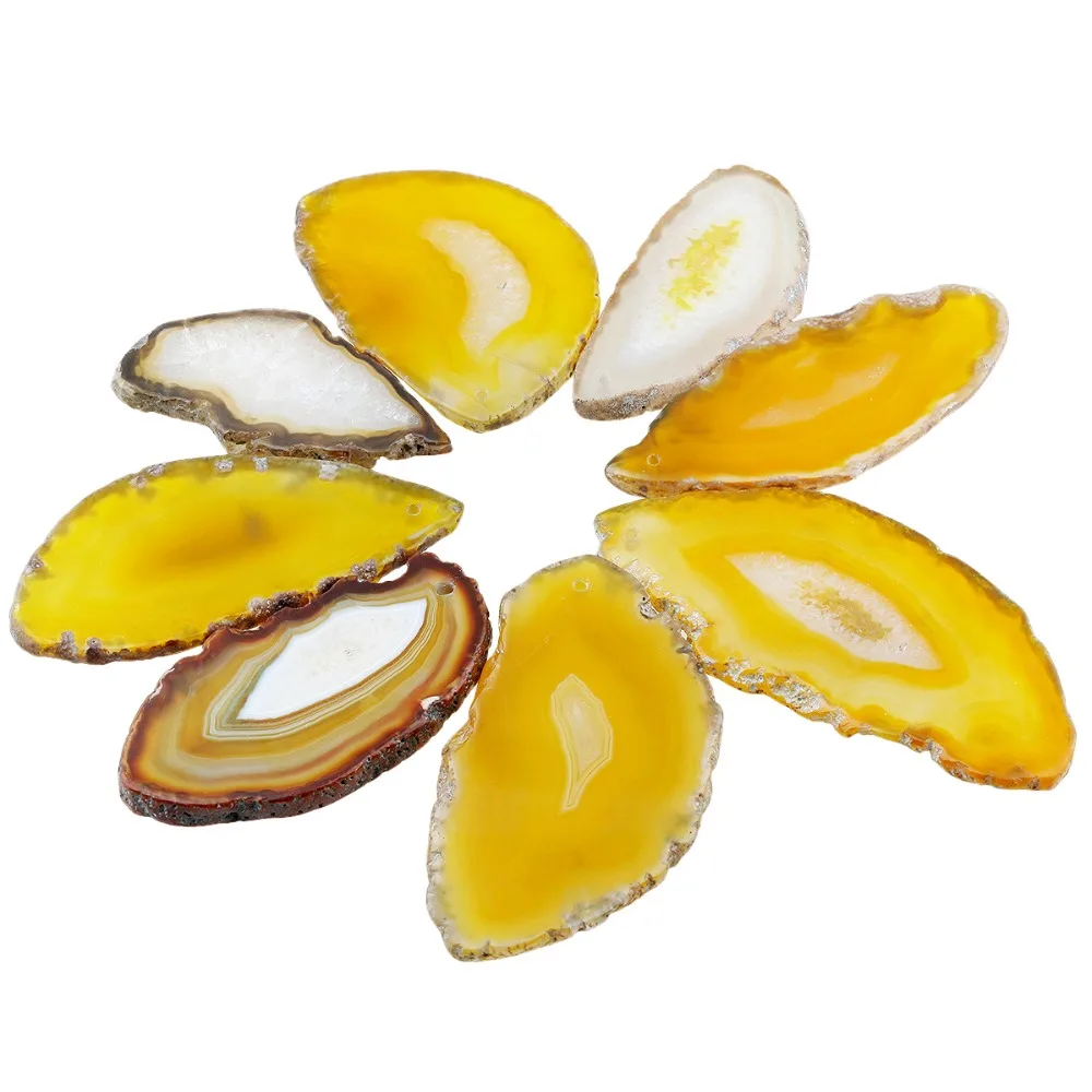 SUNYIK 5pcs/lot Yellow Agate Crystal Slice Irregular Shapes Drilled Holes Pendant For Jewelry DIY Home Decoration Accessories