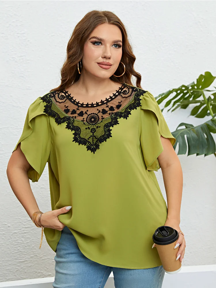 Summer Green Round Neck Lace Featured Top plus size women clothing blusas