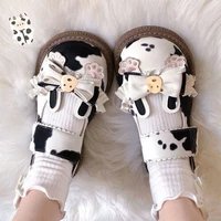 kawaii cow print girls mary janes 2022 japanese style patchwork pu bow lolita shoes spring black white lace zapatillas mujer