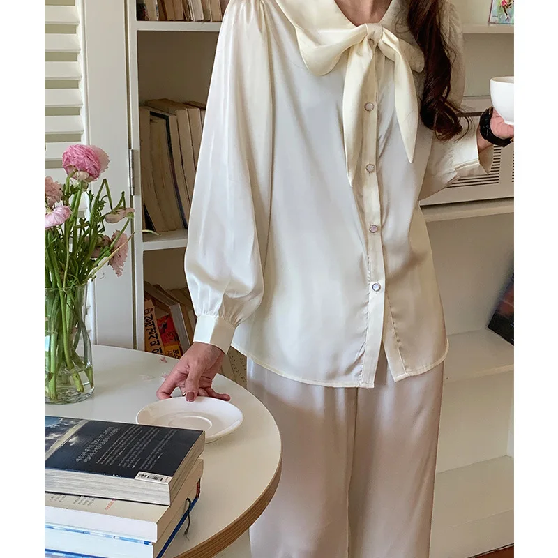 2023 New Arrival Spring and Autumn French Style Bow Ice Silk Pajamas Women's Long-Sleeved French Style Outerwear Home