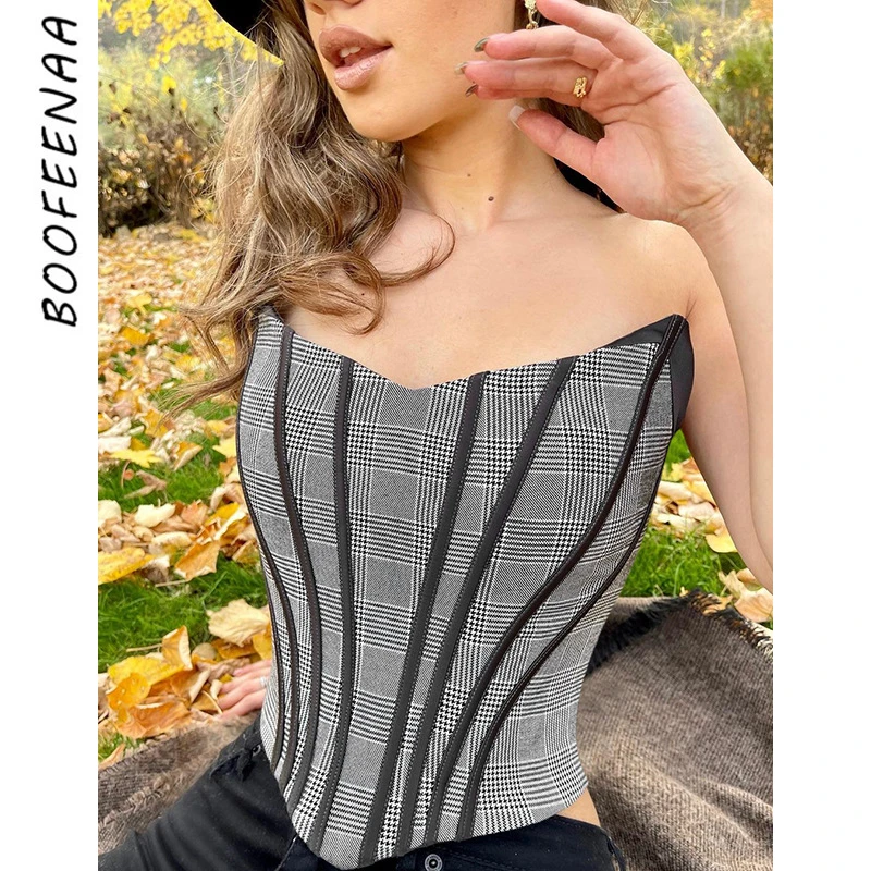 

BOOFEENAA французский винтажный клетчатый корсет, топ 2022, летняя одежда для женщин, сексуальная клубная одежда, топы с открытыми плечами