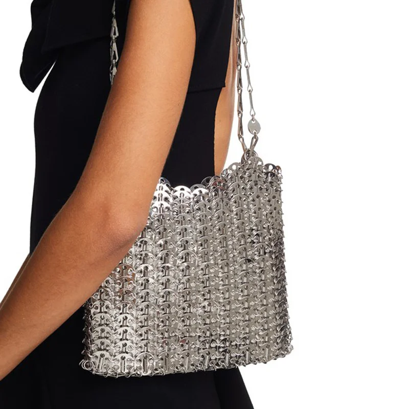 

Женская сумка через плечо с блестками модный, серебряный, металлический, дизайнерская сумка с металлическими цепочками 2023, Роскошные вечерние женские маленькие кошельки 2023