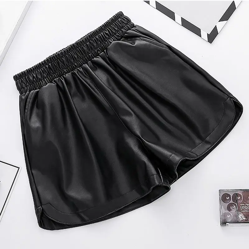 Basics Lederhosen Women Fashion New Loose High Waist Korean Solid Elastic Waist Casual Pocket Slit Hem Short Pants