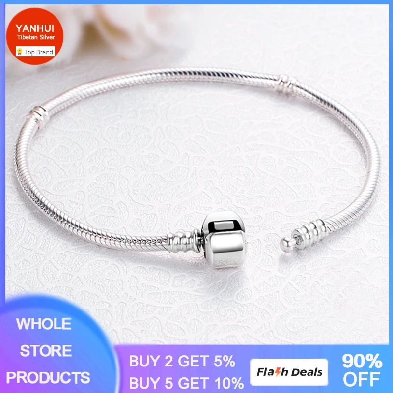 

YANHUI Genuine Tibetan Silver Bracelet Fine 3mm Soft/Smooth Snake Chain DIY Beads/Charms Basis Bracelet 16-23cm