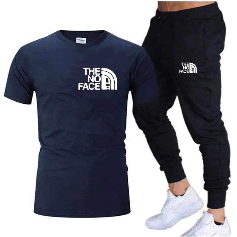 THENO 2023 new men's cotton hot brand summer T-shirt+trousers men's fitness jogging two-piece men's casual sports suit