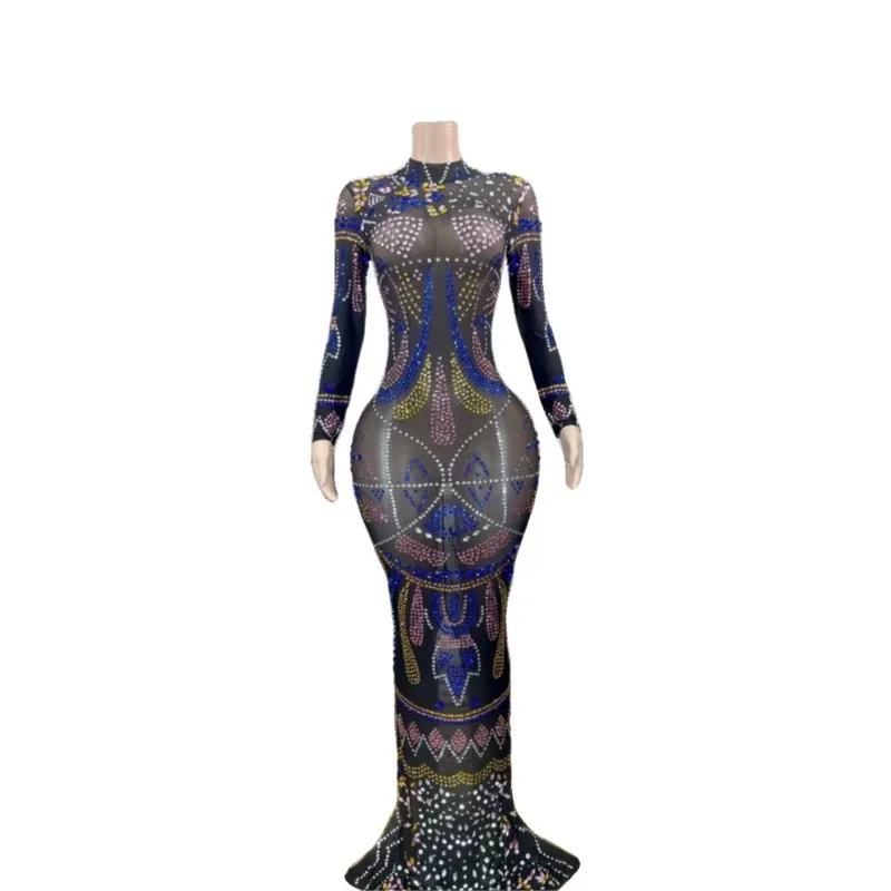 

Colorful Rhinestone Sexy Long Sleeves Dress Birthday Prom Costume Evening Women Dancer Performance