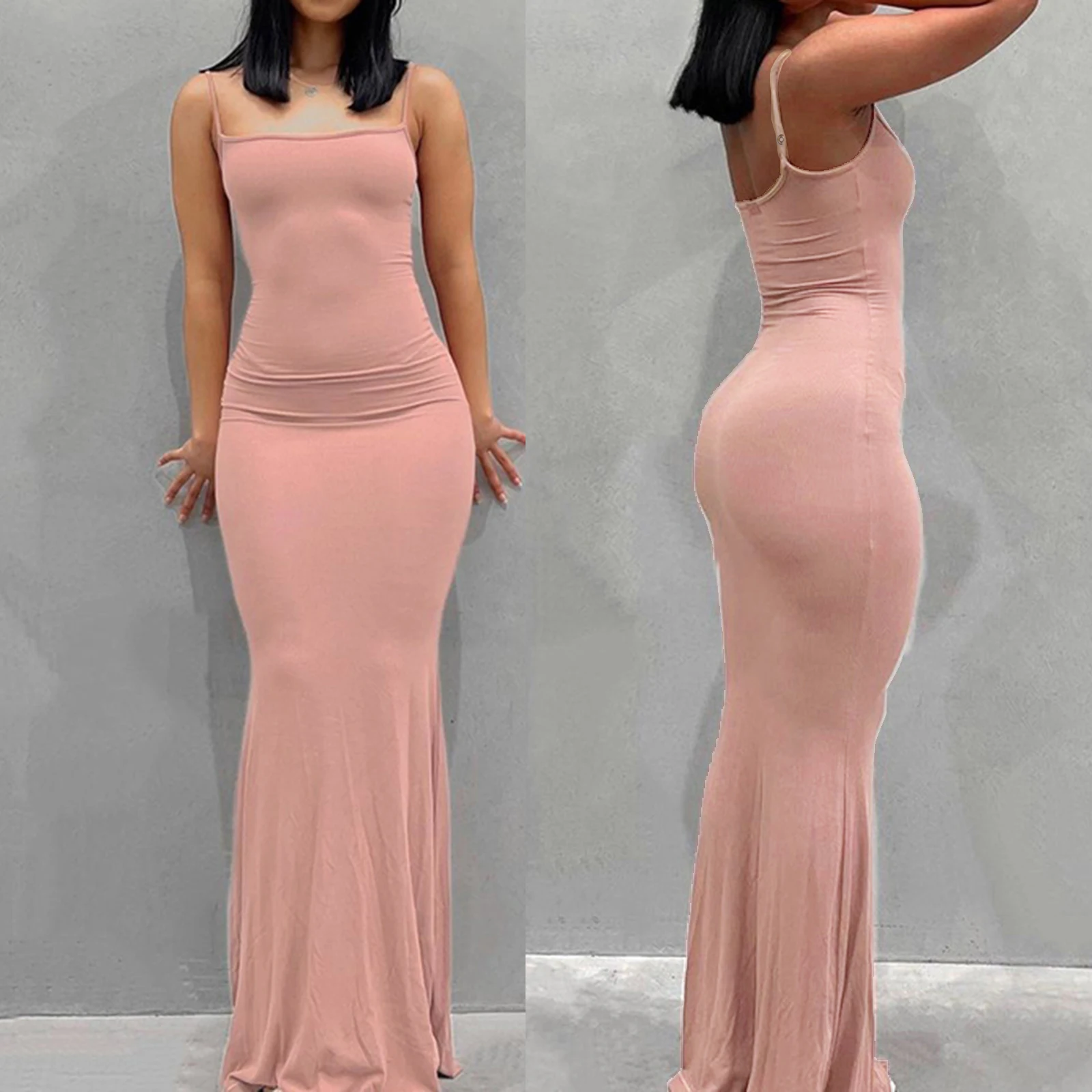 Женское однотонное платье-комбинация без рукавов на тонких бретельках