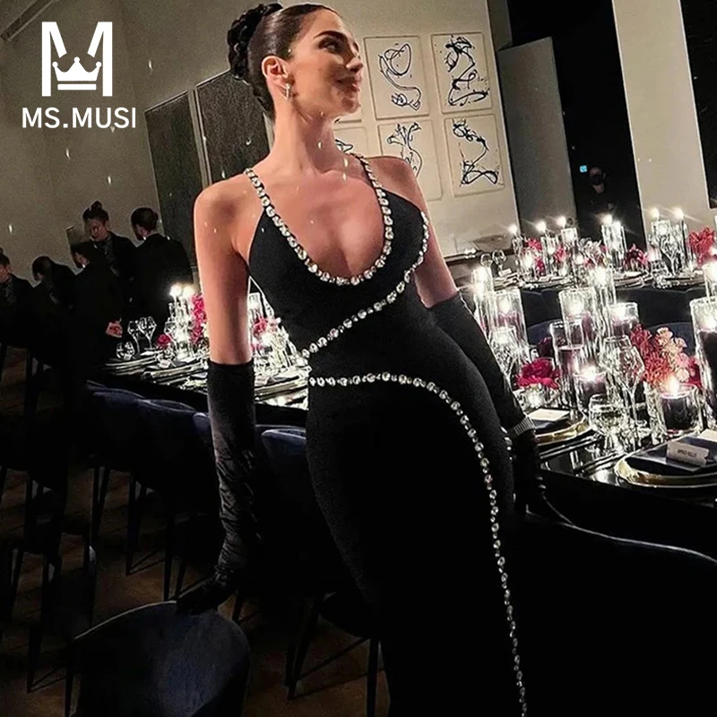 

Новинка 2023, модное женское сексуальное черное платье MSMUSI на бретелях, с V-образным вырезом, без рукавов, с открытой спиной, вечерние дажное вечернее Клубное облегающее платье миди для мероприятий