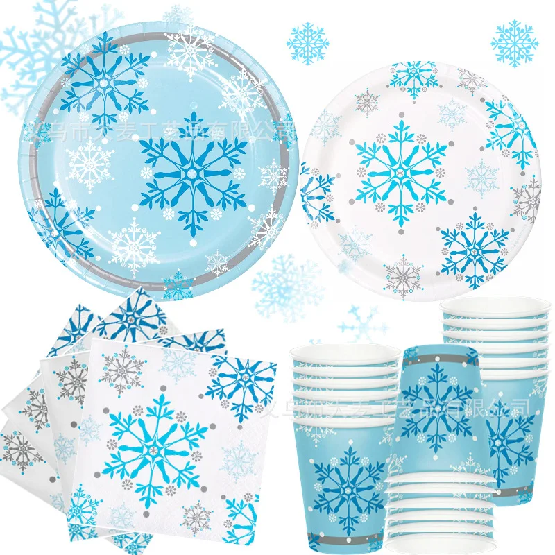 

10 Guests Blue White Snowflake Theme Disposable Tableware Set Kids Girls Happy Winter Birthday Party Supplies Paper Plates Cups