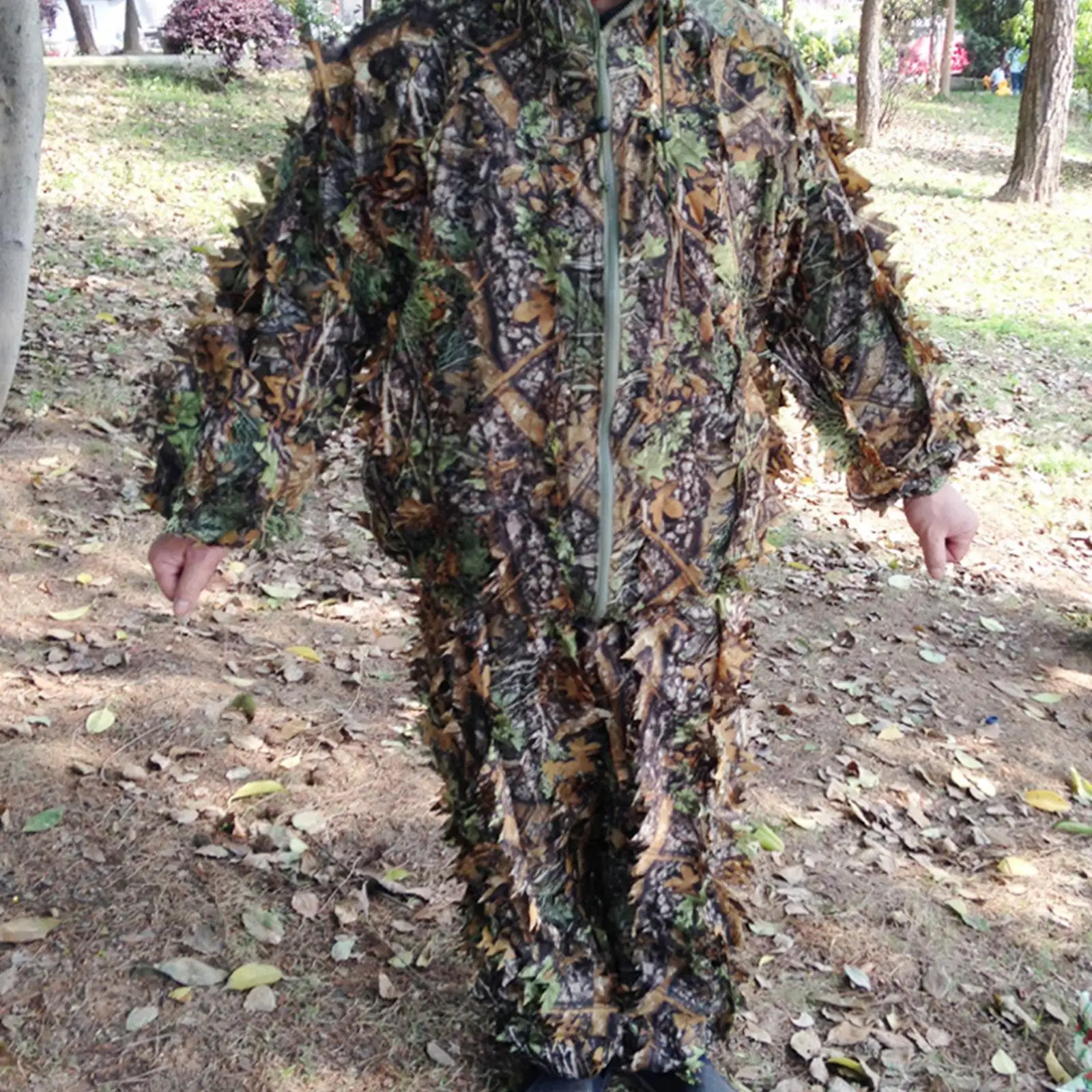 

3D Leaves Ghillie Suit Set Woodland Hooded Jacket Pant Zippers Breathable for Outdoor Hiking Adults Birdwatching