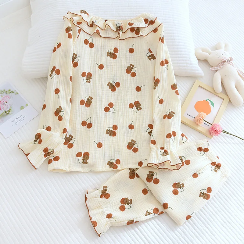 Pajama Set Women Woven Cotton Lotus Leaf Collar  Crepe Spring Thin Section Long Sleeve Pants Homewear Soft Yarn Autumn Clothes