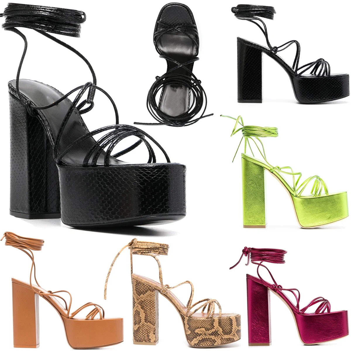 

Women Chunky High Heels Lace-up Sandals Sexy Platform Round Toe Evening Party Shoes Ankle Strap Ball Summer Lady Sandal 2-E-SL-1