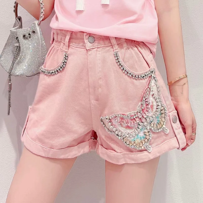 French Minority Exquisite Rhinestone Butterfly Denim Shorts Female Summer New Loose Slimming A-line Versatile Wide Leg Hot Pants